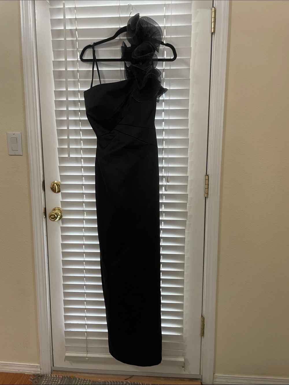 NWOT One-Shoulder Black Evening Gown with Ruffle Detail